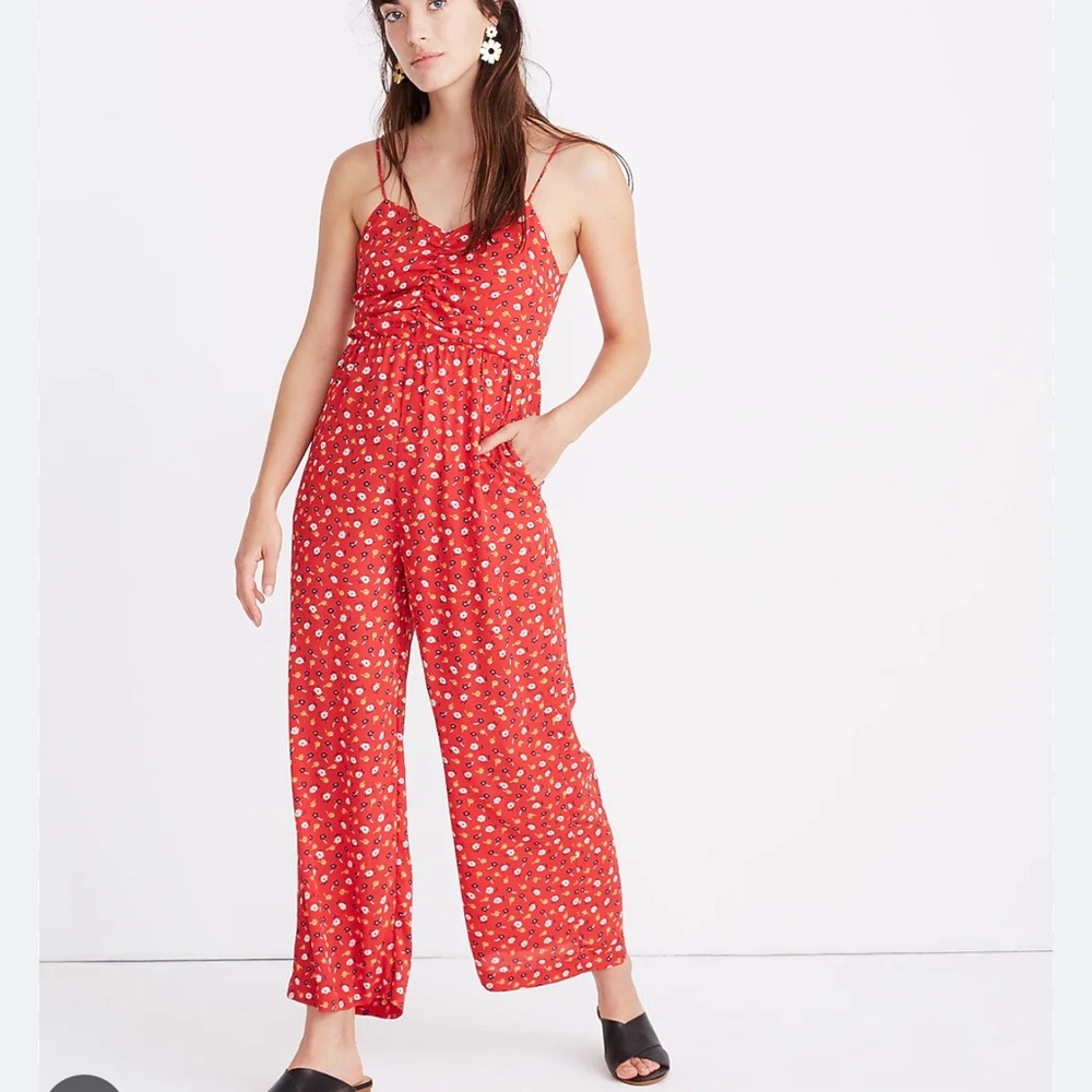 Madewell Ruched Wide-Leg Jumpsuit in Prairie Posies red floral 16